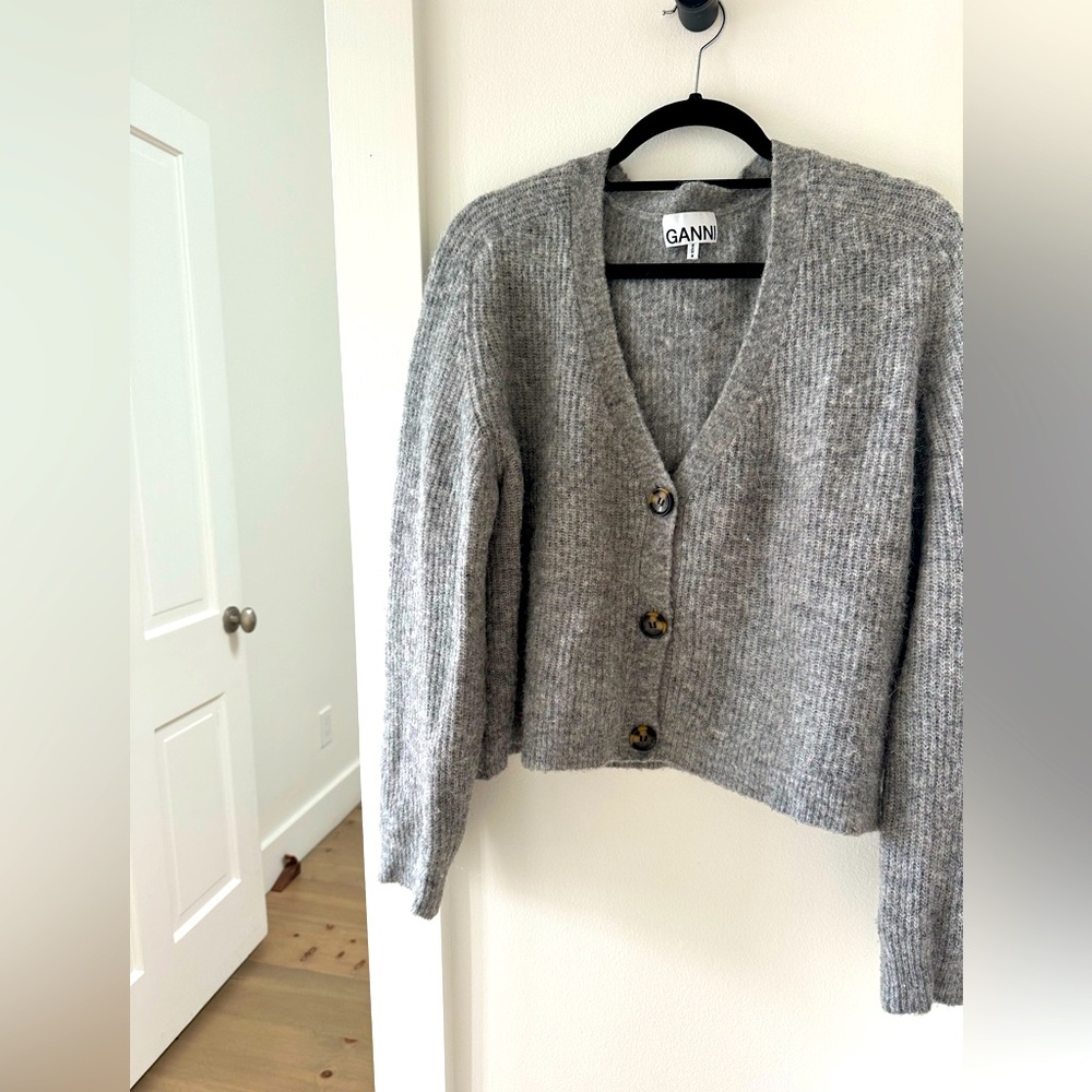 GANNI Heathered Grey Cardigan with Tortoise Buttons